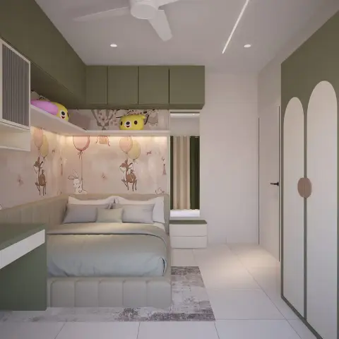 Kids' bedroom with a pastel woodland-animal wallpaper mural behind an upholstered channel-tufted bed, and an olive-green