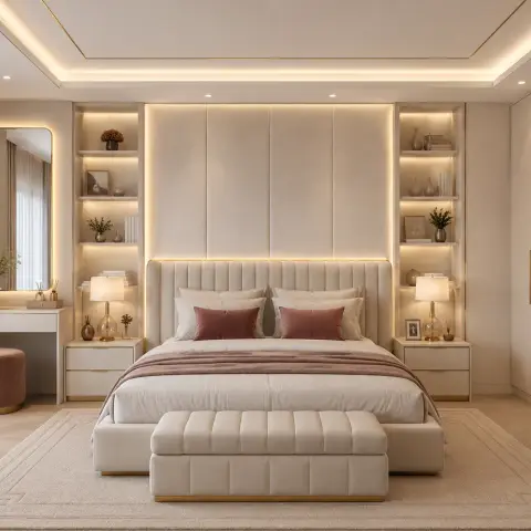 Master bedroom with a channel-tufted upholstered headboard wall flanked by backlit open shelving, a matching dressing table