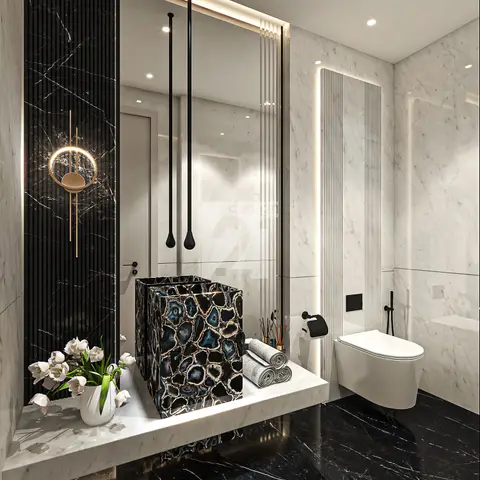 Luxury bathroom with a polished agate-stone vessel sink on a floating marble counter, black marble flooring, and twin black