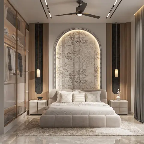 A backlit arched tree mural frames a channel-tufted bed flanked by cylindrical pendant lights, beside an open walk-in