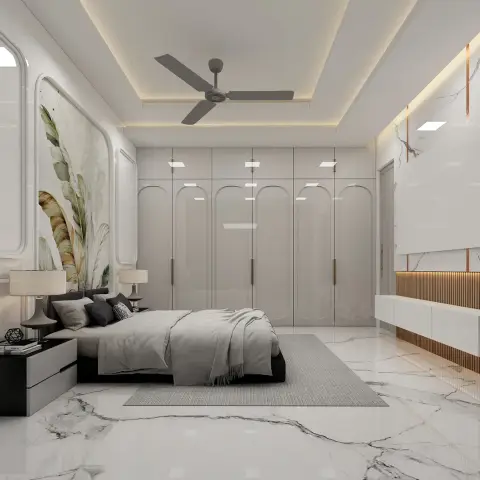 A primary bedroom with a full-height arched glossy wardrobe wall, a floating fluted-wood TV console against marble, and a