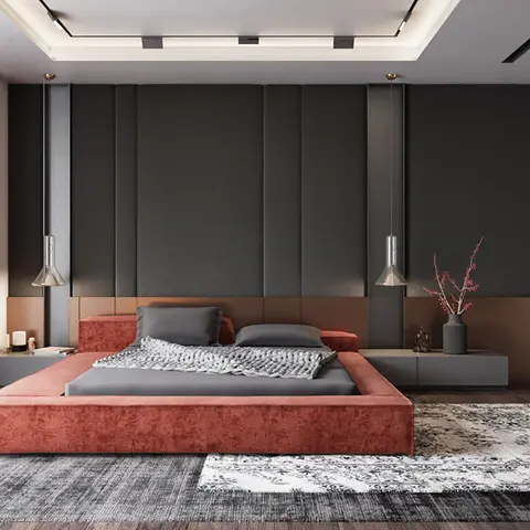 Modern master bedroom render with a rust-red upholstered platform bed against a floor-to-ceiling charcoal channel-panelled