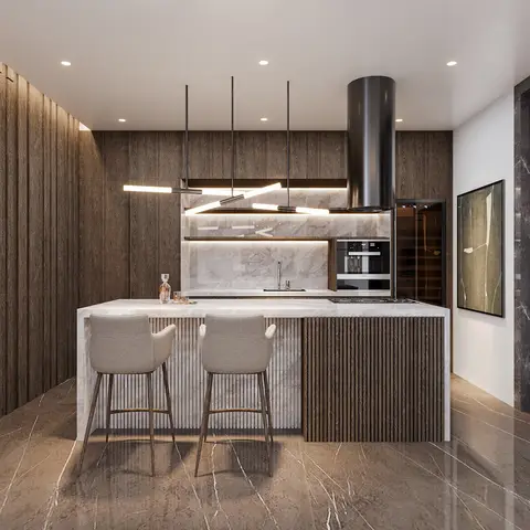 Kitchen with a fluted wood-and-marble waterfall island, a linear pendant light fixture, and a veined marble backsplash