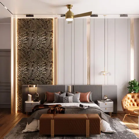 Master bedroom with a fluted grey channel headboard wall flanked by a backlit botanical-pattern wallpaper panel, a