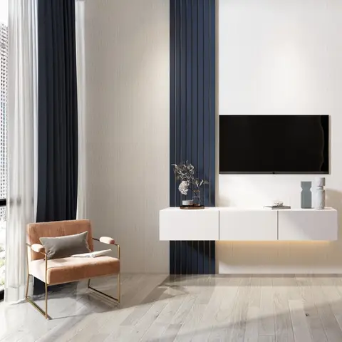 Living room floating TV console in white with a navy fluted panel accent strip, textured wallpaper walls, a rust velvet