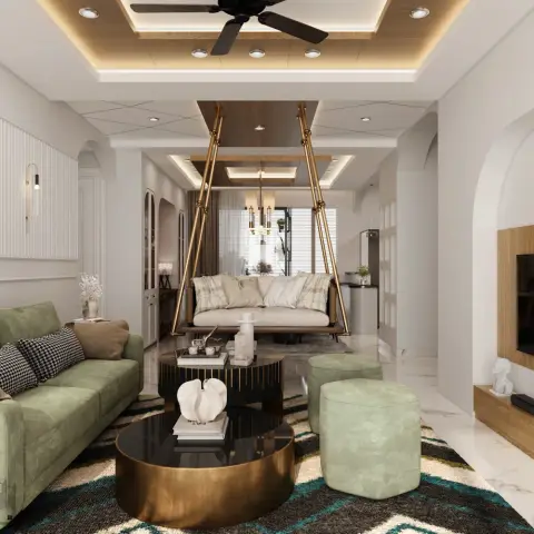 Living room with a brass-framed hanging swing sofa suspended from a wood ceiling beam, a sage-green sofa and matching
