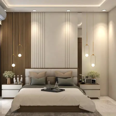 Bedroom with a fluted wood and white-grooved panel headboard wall, flanked by pairs of hanging gold pendant lights over