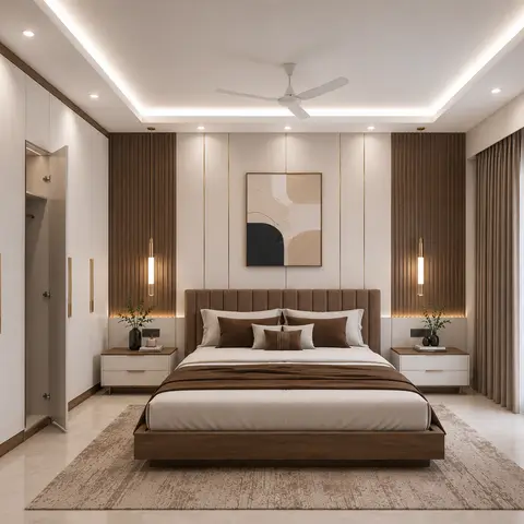 Primary bedroom with a channel-tufted brown upholstered headboard, fluted wood accent panels with brass-trimmed pendant
