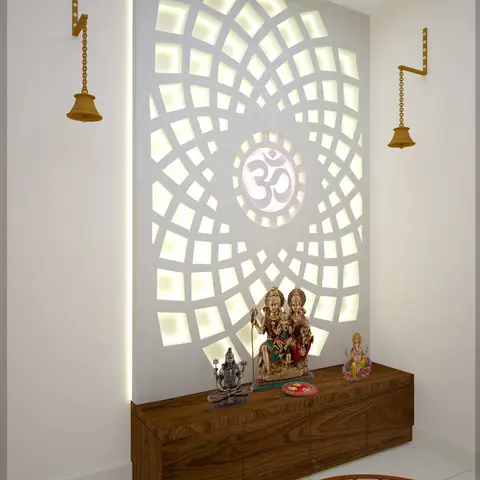 Pooja unit with a backlit CNC-cut mandala wall panel featuring an Om motif, a dark wood console holding deity idols, brass