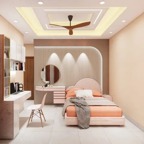Peach girl's bedroom with a fluted-panel arched headboard wall, round vanity mirror, and a cove-lit false ceiling with a
