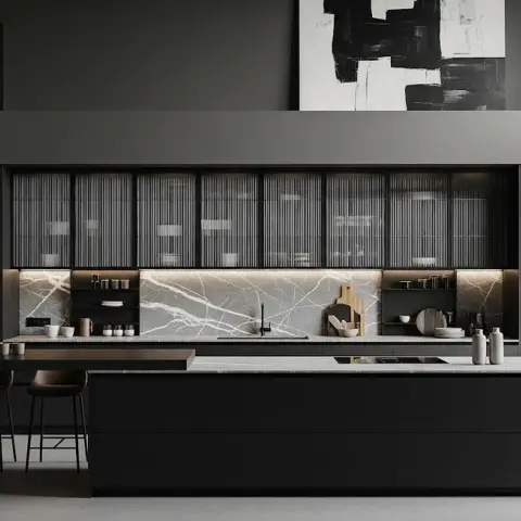 Matte-black waterfall-island kitchen with fluted glass upper cabinets, a marble slab backsplash, and a large abstract