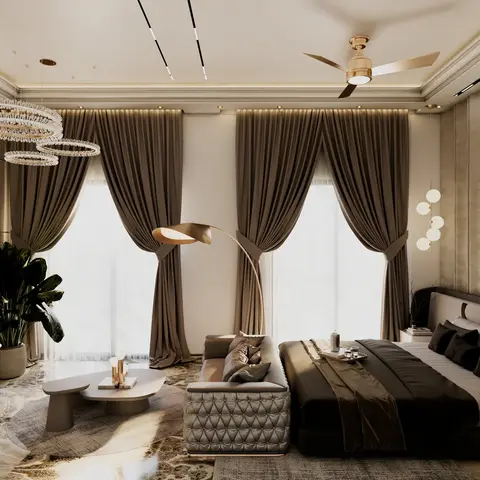 Master bedroom render with book-matched black-and-white marble feature walls, a crystal ring chandelier, floor-to-ceiling