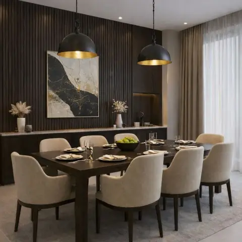 Formal dining room with a fluted dark-wood accent wall, twin black dome pendants over a dark wood table set for eight, and a