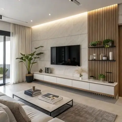 Living room with a large-format marble slab TV feature wall, a floating white TV console, and a backlit wood-slat shelving