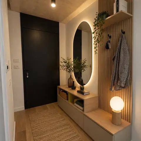 Entryway with a black front door, a backlit oval mirror above a floating console with drawers, a wood-slat wall fitted with