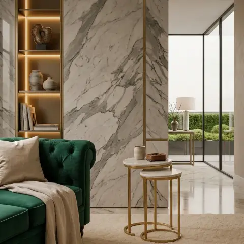 Living room corner with a tufted emerald velvet sofa against a large-format marble slab wall, a backlit gold-trimmed display